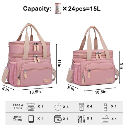 Weitars Lunch Bag for Women, Loncheras para Mujer, Leakproof Insulated Large Lunchbox Dual Compartment Lunch Box Adult for Work Beach Picnic Hiking (15L) (Pink)