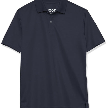 IZOD Boys' School Uniform Short Sleeve Polo Shirt, Button Closure, Moisture Wicking Performance Material, Navy, 8 Husky