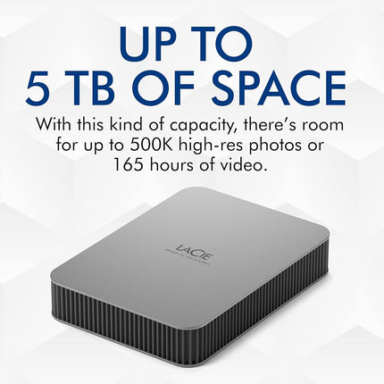LaCie Mobile Drive Moon 2TB, External Hard Drive Portable, USB-C 3.2, PC Mac iPad & iPhone, Data Rescue Services (STLP2000400)