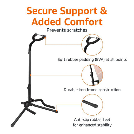 Amazon Basics Portable Foldable Guitar Stand, Lightweight Tripod Design with Non-Slip Padding, Height Adjustable for Acoustic, Electric, and Bass Guitars, Black