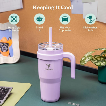 Reduce 24 oz Tumbler with Handle - Vacuum Insulated Stainless Steel Travel Mug with Sip-It-Your-Way Lid and Straw - Keeps Drinks Cold up to 24 Hours - Sweat Proof, Dishwasher Safe - OG Lilac Bud