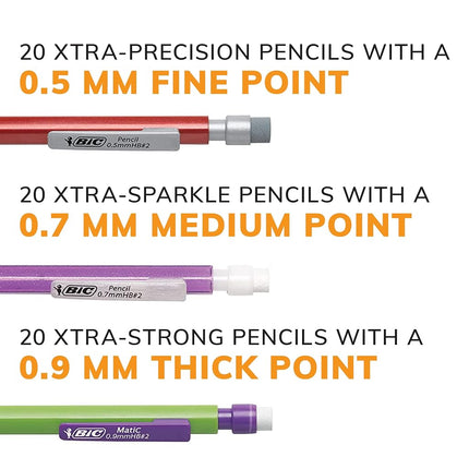 BIC Variety Pack, Assorted Sizes, 0.5mm, 0.7mm, 0.9mm, Refillable Design for Long-Lasting Use (Pack of 3, 180 Count Total)