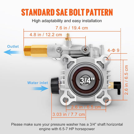 VEVOR Pressure Washer Pump, 19 mm Shaft Horizontal, 3400 PSI, 2.5GPM, Replacement Power Washer Pumps Kit, Parts Washer Pump, Compatible with Honda, Simpson, RYOBI, Briggs & Stratton, Subaru, Craftsman