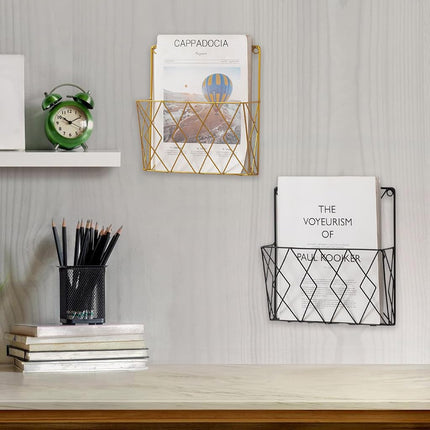 kumet Wall-Mounted File Organizer, Metal Wall File Holder, Magazine Rack, Space-Saving Design, Ideal for Home Office, Workspace, and Study Room Organization (Gold)