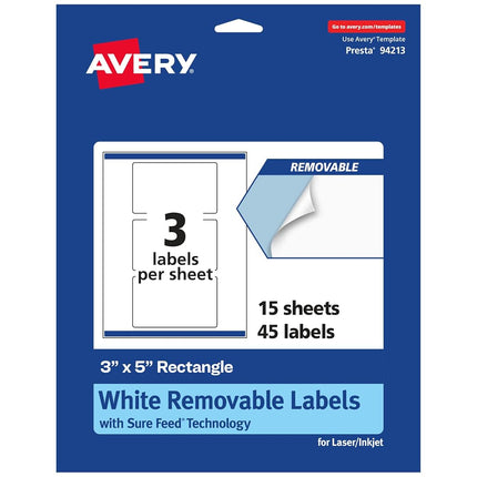 Avery Matte White Removable Rectangle Labels with Sure Feed Technology, Print-to-The-Edge, 3" x 5", 45 Removable Labels, Laser/Inkjet Printable Labels