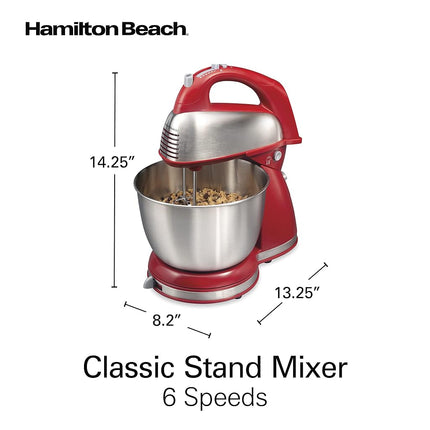 Batidora de mano y de pie clásica Hamilton Beach, 4 cuartos, 6 velocidades con QuickBurst, reposa-recipientes, 290 vatios de potencia máxima, roja (64654)