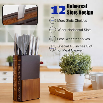 Yalikop Books Universal Knife Block Holder for Kitchen Countertop Large Wood Knife Block Without Knives 12 Slot Decorative Storage Organizer for Butcher Chef Gift