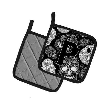 Caroline's Treasures Letter P Day of The Dead Skulls Black Pair of Pot Holders CJ2008-PPTHD, Fabric, Multicolor