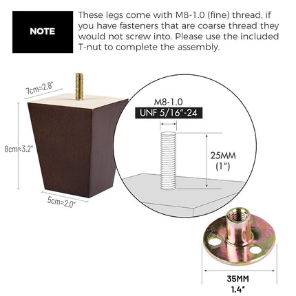 La Vane 3 inch / 8cm Solid Wood Furniture Legs Set of 4, Walnut Square Pyramid Replacement Feet for Couch Sofa Armchair - Mid-Century Modern with Pre-Drilled M8 Bolt & Metal Mounting Plates