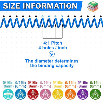 120 Pack Plastic Spiral Binding Coils Binder Binding Spirals Rings Multi Size Spiral Binding Wire Combs Spines Coils, 4:1 Pitch (1/4 Inch,Multicolor)
