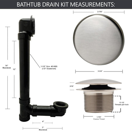 Westbrass 493144H-07 12" & 4" Bath Waste & Overflow Assembly with Tip-Toe Drain Plug and Illusionary Faceplate-SCH. 40 ABS Pipe, 1-Pack, Satin Nickel