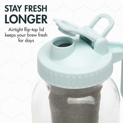Cafetière à infusion à froid Primula Mason Jar avec filtre en acier inoxydable et couvercle verseur facile, pichet en verre durable qui s'adapte à la plupart des portes de réfrigérateur, lavable au lave-vaisselle, fabriquée sans BPA, 2 litres, Aqua