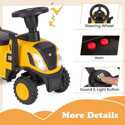Licensed Caterpillar Ride on Tractor by OLAKIDS, 2 in 1 Ride on Push Car with Detachable Trailer, Headlight, Horn, Rake, Shovel, Foot to Floor Walker Toy Sliding Truck for Kids Toddler