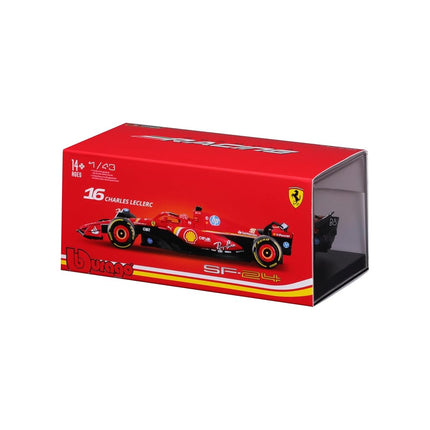 Bburago - F1 Ferrari SF-24#16 Leclerc with Helmet and Display Case, 1:43 Scale Diecast Model, Imola 2024 Livery, Replica of the Single-Seater, Officially Licensed by Ferrari, Recommended Age 14+