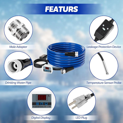 Tuyau d'eau chauffant 15 pieds, tuyaux d'eau douce pour VR avec raccords, tuyau d'eau potable antigel, arrêt automatique de la température à -45℃ pour tuyaux d'arrosage