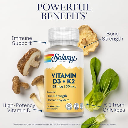 Solaray - Vitamin D3 + K2 Soy-Free Formula - 120 Vegetable Capsule(s)