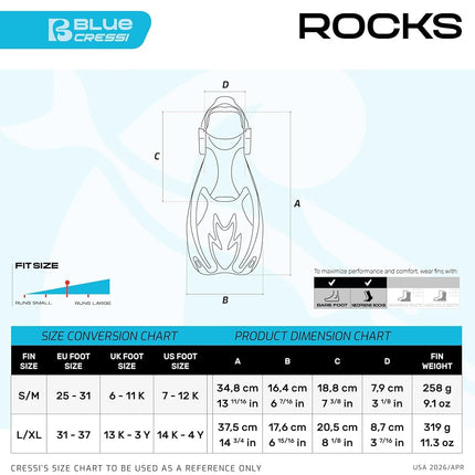Cressi Rocks Kids Swimming Fins - Adjustable Training Fins for Growing Feet - Quick-Release Flippers for Easy On/Off - Vented Composite Blade for Efficient Propulsion - Blue / White - L/XL (6/8 Years)