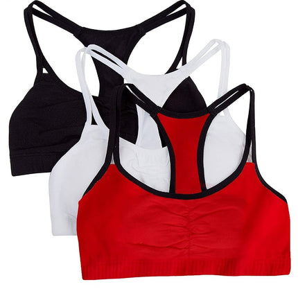 Fruit of the Loom Women's Spaghetti Strap Cotton Pull Over 3 Pack Sports Bra, Red Hot with Black/White/Black Hue, 34