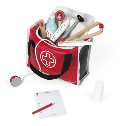 Janod - Doctor's Suitcase for Children - 10 Solid Wood Accessories Included - Prentend Play Toy - For children from the Age of 3, J06513, Red