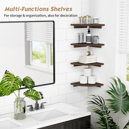 Forbena 4 Pack Corner Shelves Wall Mounted Corner Shelves Wooden Corner Wall Shelf for Bathroom Kitchen Bedroom Living Room 4 Pack Rustic Brown)