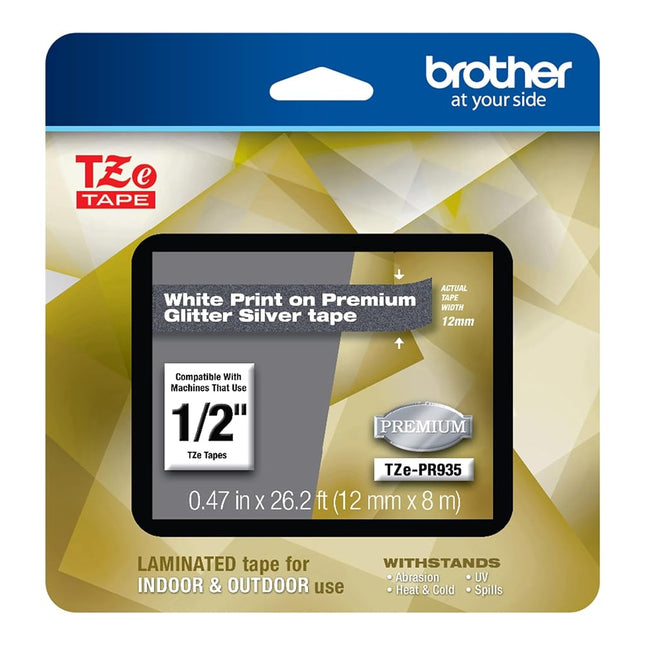 Brother P-Touch TZe-PR935 White Print on Premium Glitter Silver Laminated Tape 12mm (0.47”) Wide x 8m (26.2’) Long