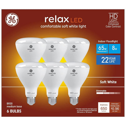 flysclean Relax 6-Pack 65 W Equivalent Dimmable Soft White Br30 LED Light Fixture Light Bulb 22 Year Life