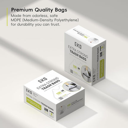 EKO Easy-Dispense Roll 100 Count Extra-Strong Drawstring Kitchen Trash Bags – 8 Gallon Garbage Bags (30.3L) 100 pack, Code F-1