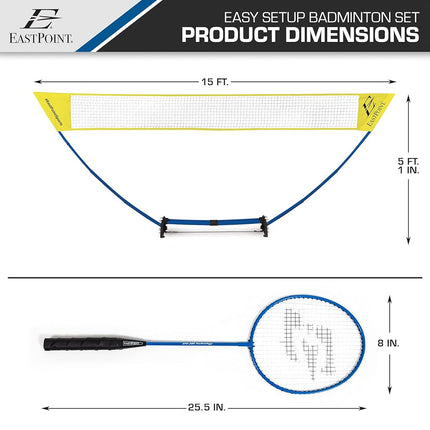EastPoint Sports 15ft 4-Player Badminton Set with Net, Rackets, Shuttlecocks and Carry Caddy - Easy Setup Backyard Badminton Net