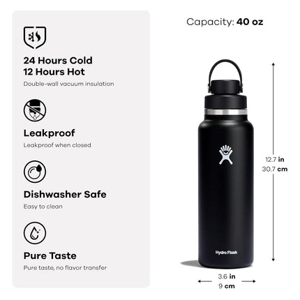 Hydro Flask Water Bottle - Insulated Stainless Steel - Wide Mouth Chug Lid, Non Spill, Leakproof in 40 Oz Trillium Pink