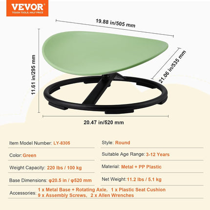 VEVOR Kids Swivel Chair, 220 LBS Capacity, Sensory Spinning Chair, Autistic Kids Sensory Toy, Toddler Sit and Spin Chair for Coordination Balance Focus Training, Green