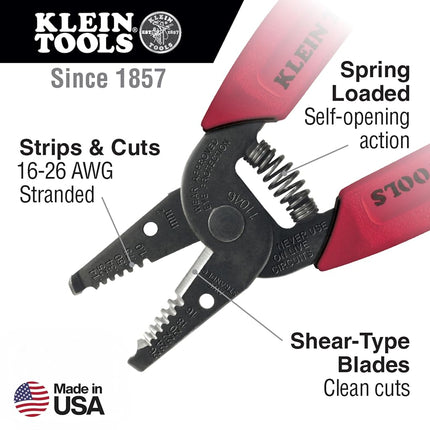Klein Tools 11046 Wire Stripper, Wire Cutter for 16-26 AWG Stranded Wire, Compact Nose with Precision-Ground Stripping Holes, Made in USA