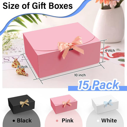 PEKGRIL 15 PCs Gift Boxes with Lids, Pink 10X8X4 Inch Gift Boxes, Bridesmaid Proposal Box with Ribbon, Kraft Paper Boxes for Wedding, Packaging, Present, Birthday, Christmas, Party