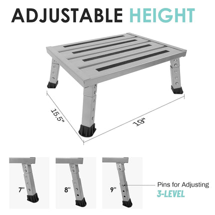 DEPSUNNY Adjustable Height Aluminum RV Step, Stable Foldable Platform Step Stool, Supports Up to 1,000 lb, Non-Slip Rubber Feet and Platform Mat, Easy to Carry (Silver)
