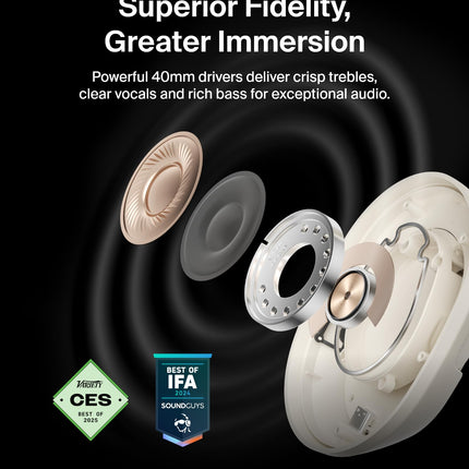 Belkin SoundForm Isolate Bluetooth Over-Ear Headphones - Hybrid Active Noise Cancelling Headphones - Wireless w/ 60H Playtime, Fast Charging & CloudCushion Ear Cups for Travel, Home, or Office - Sand