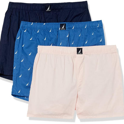 Nautica Men's Cotton Woven 3-Pack Boxers Shorts, Peacoat/Oasis Pink/Sails Bolt Blue, M