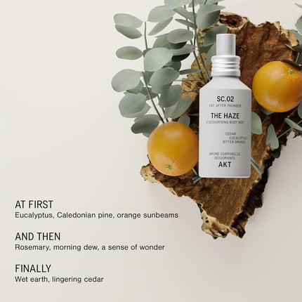 AKT The Haze, Natural Deodorising Body Mist | SC.02 AFTER THUNDER: cedar, eucalyptus, bitter orange | Alcohol-Free, Gender-Free | With Skin-Loving Niacinamide & Balancing Prebiotics, 100 mL