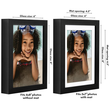 Cadre photo Americanflat 6x8 avec verre incassable - Utilisation comme cadre 5x7 avec passe-partout ou 6x8 sans passe-partout - Collection Soho - Cadre mouluré profond de style galerie pour exposition sur table et murale - Noir