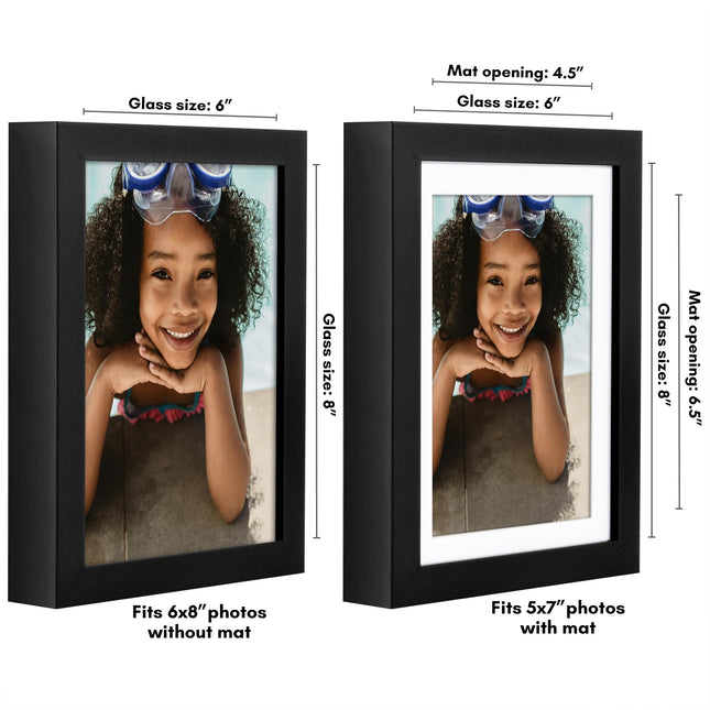 Marco de Fotos Americanflat de 6x8 con Cristal Inastillable - Úselo como Marco de 5x7 con Paspartú o de 6x8 sin Paspartú - Colección Soho - Marco de Moldura Profunda Estilo Galería para Sobremesa y Pared - Negro