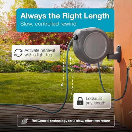 GARDENA 8055 - 100 Foot Wall Mounted Retractable Reel with Hose Guide, Automatic retraction for Easy Watering, Gray