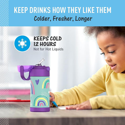THERMOS FUNTAINER 12 Ounce Stainless Steel Vacuum Insulated Kids Straw Bottle, Rainbows