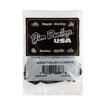 Dunlop 483R03TH Genuine Celluloid, Black, Thin, 72/Bag