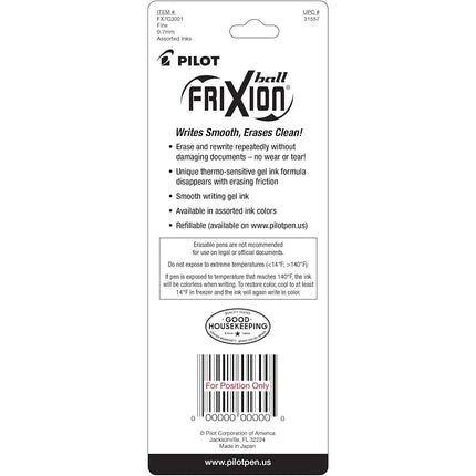 PILOT FriXion Ball Erasable & Refillable Gel Ink Stick Pens, Fine Point, Black/Blue/Red Inks, 3-Pack (31557)