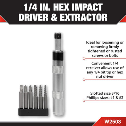 Performance Tool W2503 1/4-Inch Impact Driver & Extractor And Bits, black