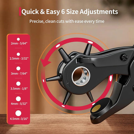 XOOL Leather Hole Punch Plier, Heavy Duty Rotatable Belt Hole Puncher with 6 Different Sizes Used for Belt, Watch Belt, Belt, Shoes, Purses, Clothes, Cardboard, Paper, Hard PVC, etc