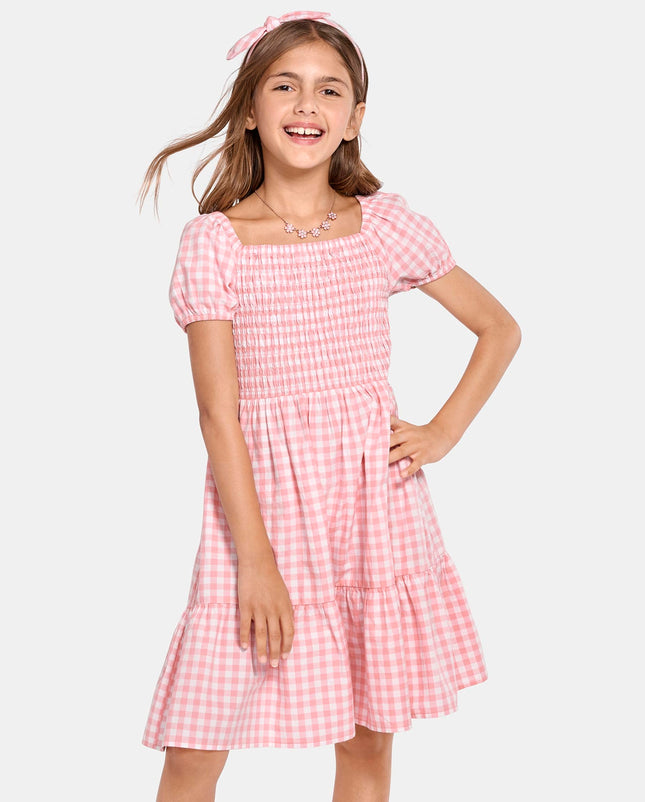 The Children's Place Girls' Short Sleeve Fashion Dress, Pink Gingham Puff Sleeve, Small