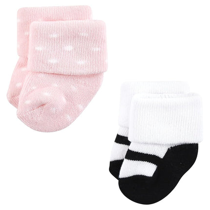Hudson Baby Baby Girls' Cotton Rich Newborn and Terry Socks, Mom and Dad Girl Pink Black 12-pack, 6-12 Months