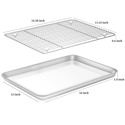 Deedro Baking Sheet & Rack Set [2 Sheets + 2 Racks], Stainless Steel, 16 x 12 x 1 Inch, Heavy Duty, Non-Toxic, Easy Clean