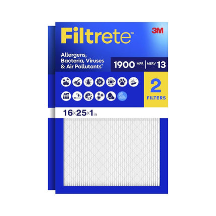 Filtrete 16x25x1 AC Furnace Air Filter, MERV 13, MPR 1900, Premium Allergen, Bacteria&Virus Filter, 3-Month Pleated 1-Inch Electrostatic Air Cleaning Filter, 2-Pack (Actual Size 15.719x24.72x0.78 in)