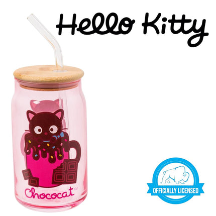 Silver Buffalo Sanrio Hello Kitty & Friends Chococat Chocolate Pink Glass Jar Tumbler with Bamboo Lid and Glass Straw, 16 Ounces