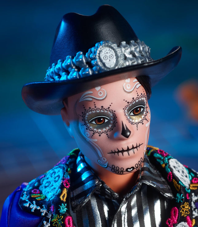 Barbie 2023 Día De Muertos Ken Doll Wearing Blue Jacket and Black Hat, Signature Collectible, HJX15